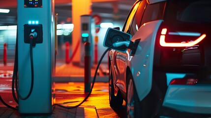 A time-lapse sequence showing an electric car pulling into a charging station, the driver connecting the charging cable, and the car's battery indicator gradually filling up.