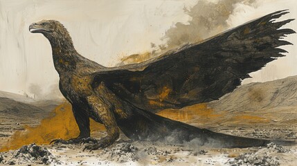 A majestic, mythical creature resembling a giant eagle stands amidst a desolate landscape, evoking a sense of wonder.