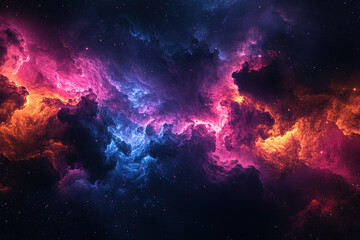 Fototapeta premium Enchanting vibrant nebula in the night sky with deep blues, purples, pinks, and oranges, featuring stars and galaxies against a starry black backdrop. A stunning abstract cosmic background for creativ