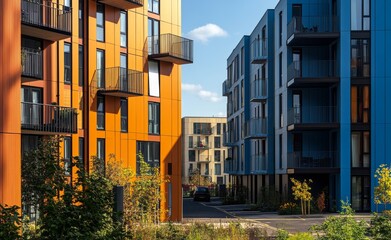 Modern colorful apartment buildings with greenery under a clear sky in an urban setting