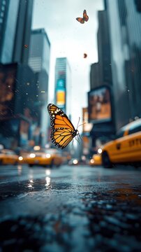 Whimsical butterfly fluttering through a bustling city street, with skyscrapers and traffic providing a dramatic backdrop to its graceful flight.