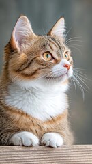 Fototapeta premium Professionally lit studio shot of a cat, with soft lighting emphasizing the texture and patterns of its fur against a clean, minimalistic background.