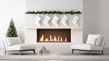A sleek modern fireplace with a simple row of white stockings hanging above isolated background 50 keywords