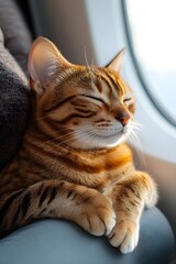 A Bengal cat with orange stripes sleeps peacefully by an airplane window, symbolizing relaxation, comfort, and the concept of emotional support animals during travel