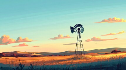 A rural landscape with a clear sky and a lone windmill, symbolizing simplicity and the beauty of open spaces.