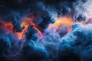 Fototapeta premium Enchanting vibrant nebula in the night sky with deep blues, purples, pinks, and oranges, featuring stars and galaxies against a starry black backdrop. A stunning abstract cosmic background for creativ