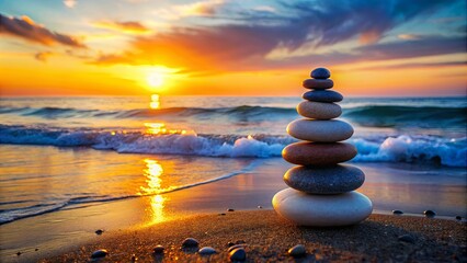 Stacked zen stones glowing in the sunset along the tranquil ocean shore
