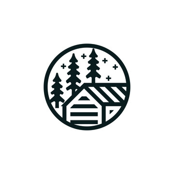 Traditional Forest Wooden House, Village Cabin Cottage with Pine Evergreen Fir Trees for Adventure Outdoor Holiday Camp logo design