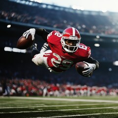 American football player in red uniform diving for the end zone during a game.