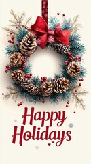 A Christmas poster featuring a festive wreath made of pine cones and berries with a "Happy Holidays" message isolated background 50 keywords