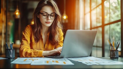 A financial analyst reviewing charts and graphs on her laptop, surrounded by reports and spreadsheets on a sleek modern desk, soft light coming through large windows,