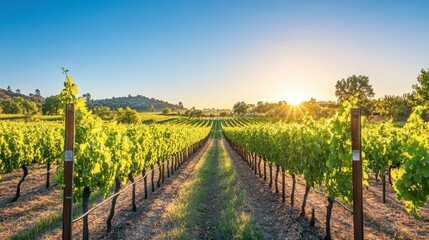 Naklejka premium A scenic vineyard with rows of grapevines under a clear cerulean sky, with the sun casting gentle light on the lush green leaves.