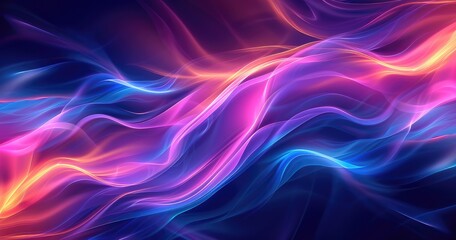 A vibrant abstract design featuring flowing waves of light in shades of pink, blue, and purple, creating a dynamic visual effect.