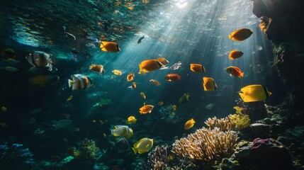 Naklejka premium A school of bright tropical fish swimming near a coral reef, with various shapes and colors creating a stunning underwater view.