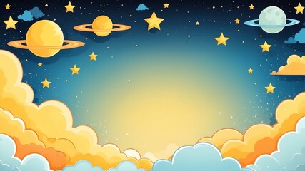 yellow theme dreamy cute frame border with stars and clouds background, comic art style