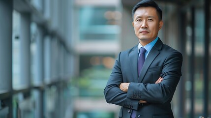 Confident Asian female psychologist against a gray background, representing expertise and professionalism in a business context with a portrait shot