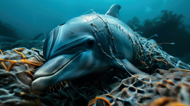 Dolphin entangled in fishing nets swims through ocean depths near coral reef during daylight hours