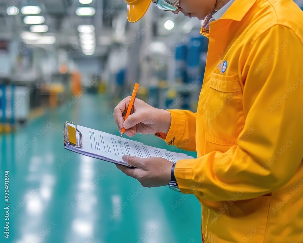 Poster quality assurance engineer conducting manual inspection on assembly line in busy factory setting