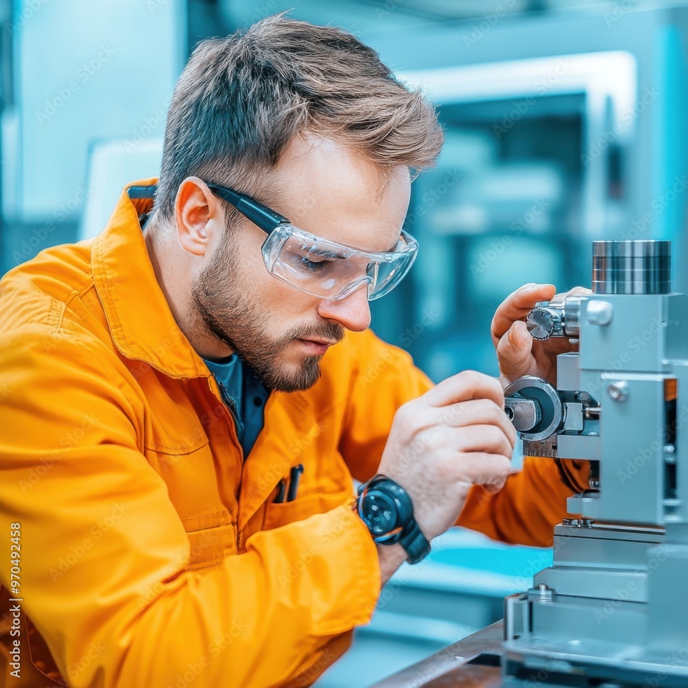 Poster precision engineering: engineer inspecting mechanical part with calipers for quality manufacturing