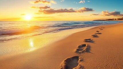 A serene morning on a beach with calm waters, a rising sun casting golden light, and footprints in the sand leading to the sea.
