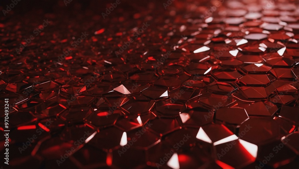 Poster red polygonal background with circular light accents, creating a geometric visual.