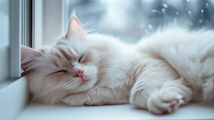 A fluffy white cat relaxing on a windowsill while snow falls gently outside in winter