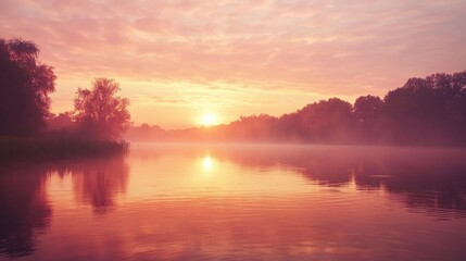 Fototapeta premium A serene sunrise over a calm river, with mist rising from the water and soft pink and orange tones in the sky.