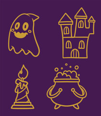 illustration of halloween day line element style with candle ghost and haunted house
