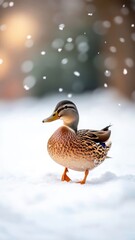 Unusual duck walking through a snowy landscape, with snowflakes falling on its feathers and the winter environment providing a rare contrast.