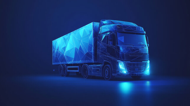 A blue truck, made of triangles, is shown on a dark blue background. It represents the idea of shipping goods, either locally or around the world.