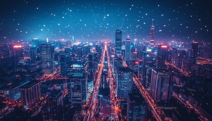 Fototapeta premium Birdseye view of a futuristic city, emphasizing smart infrastructure, interconnected communication systems, and wireless telecommunication networks at dusk