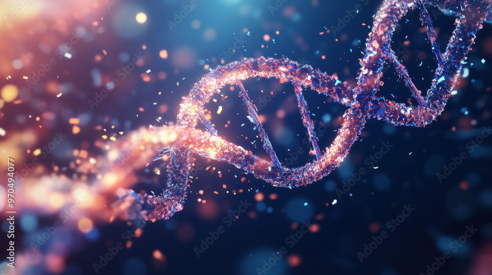 Poster a 3d dna molecule is shown as a jumbled mess of moving particles. this abstract image represents the