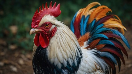 Rooster with red comb and colorful feathers.