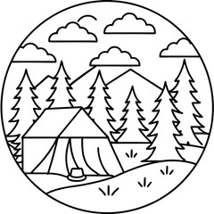 forest camping outline coloring book page line art drawing
