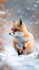 Serene scene of a fox navigating through a snowy landscape, with snowflakes gently settling on its fur and tranquil surroundings.