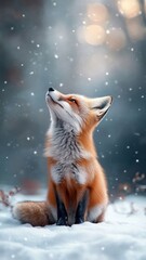 Fototapeta premium Stunning fox sitting calmly in a snowy landscape, with the Northern Lights creating a vivid, colorful display that highlights its elegant fur.