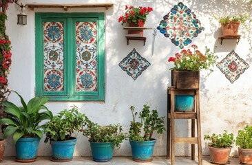 Obraz premium Colorful plant display on a white wall with patterned tiles in a sunny outdoor setting