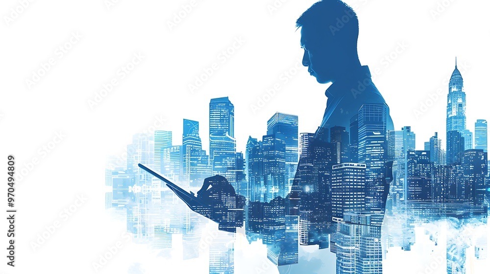 Aufkleber businessman using computer for market research in a plain background with copy space