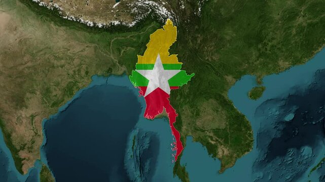 Zoom from Earth to Myanmar. (Country Flag) High quality world map animation with country borders highlighted. Images from NASA