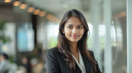 Obraz premium Confident Young Indian Businesswoman in Office, Smiling, Business Theme, Portrait Shot, Plain Office Background, Office, Smiling