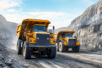 Two yellow dump trucks working in a quarry under a bright blue sky, showcasing heavy machinery in action.