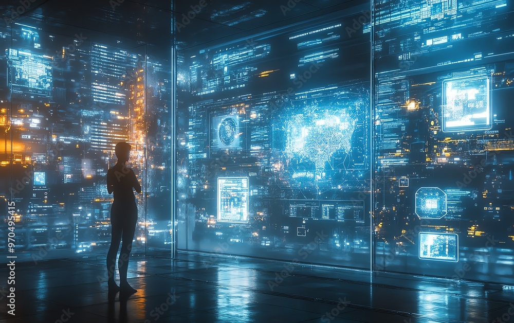 Poster futuristic digital communication environment showcasing advanced networking technologies, interactiv
