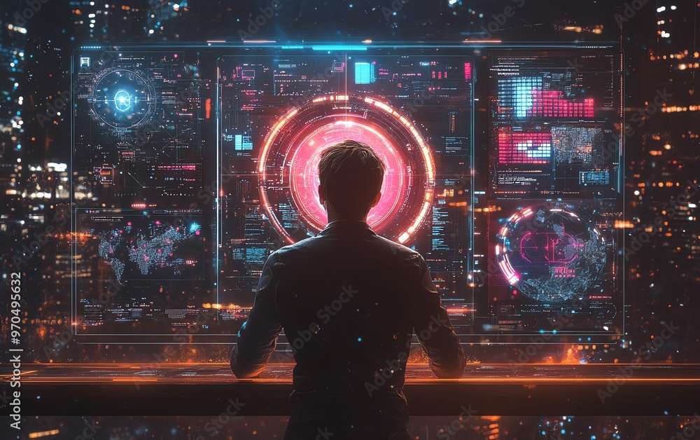 Poster futuristic internet connectivity with interactive data visualizations, holographic communication too