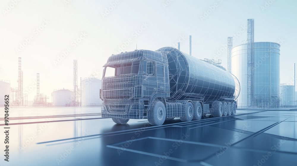 Wall mural a 3d image of an oil truck, fuel tanker, and storage tanks. the image is made up of simple lines and