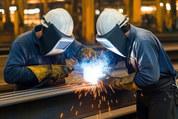 Workers welding structural steel in a mining site, large-scale industrial fabrication, Heavy industry  mining  fabrication