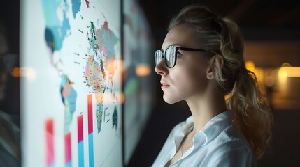 Businesswoman Looking at Charts and Graphs on Screen, Business Theme, Portrait Shot, Copy Space, Charts Graphs