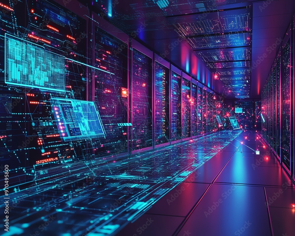 Poster hightech internet communication setup with immersive virtual interfaces, rapid data flow, and advanc