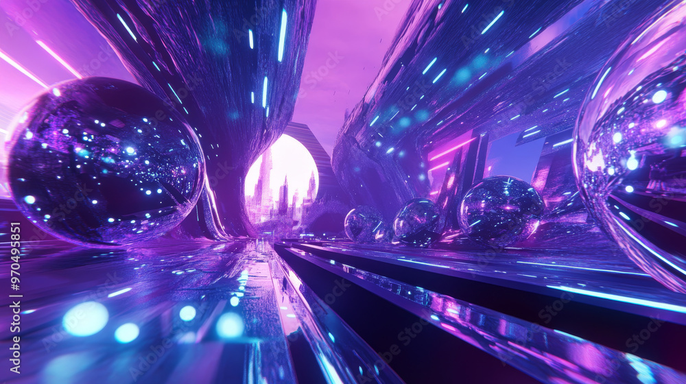 Poster a 3d image showing a futuristic scene with glowing lights and abstract shapes. it's like a 360-degre