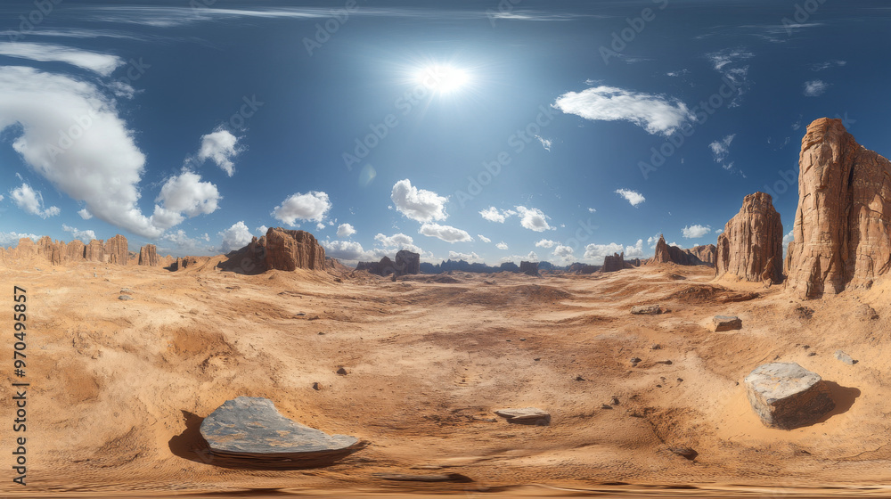 Poster a 3d image showing a complete, all-around view (360 degrees) in a style suitable for virtual reality