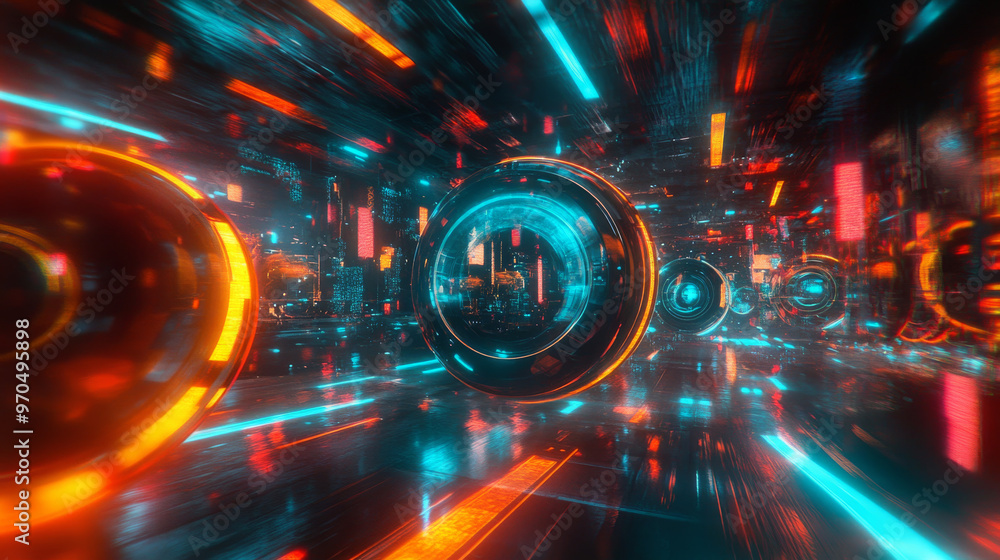 Poster a 3d image showing a futuristic scene with glowing lights and abstract shapes. it's like a 360-degre